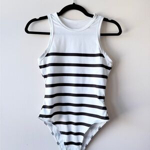 SHEIN White & Black Striped Tank One-Piece Bodysuit